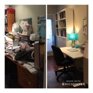 Before and after photo of a very messy office with papers head piled head high on the right and a very nice, clean office on the left with a white desk and bookshelf and blue lamp