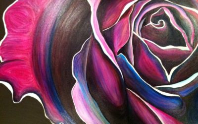 Image of a painted rose in pink, read, black and blue by Rachel Manley-Casimir