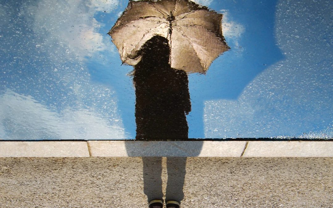 Silhouette of a Woman holding an umbrella facing away from the camera through a window with rain on a sunny day
