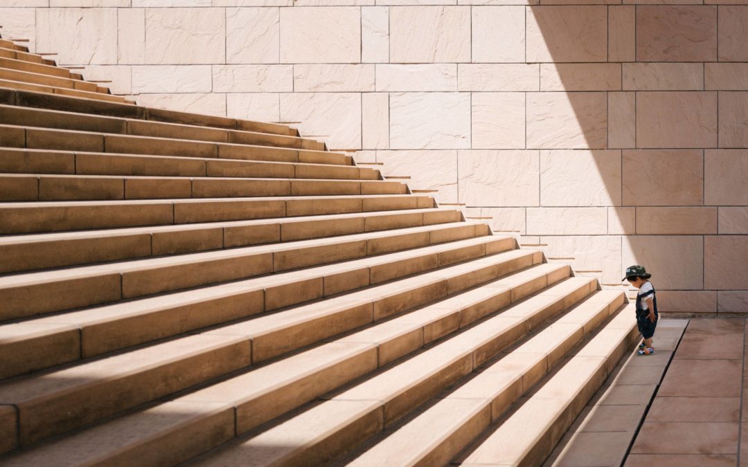 Small boy looking down at the first step at the bottom of a very long staircase