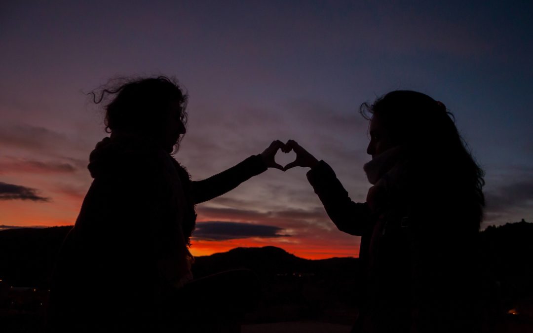 Silhouette of two people holding their hands together each making half of a heart shape against a sunset in the background