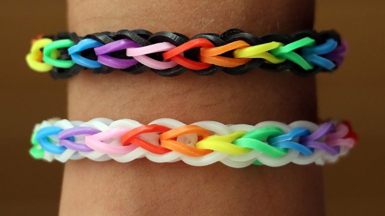 Photo of two double single rainbow looms on someone's wrist