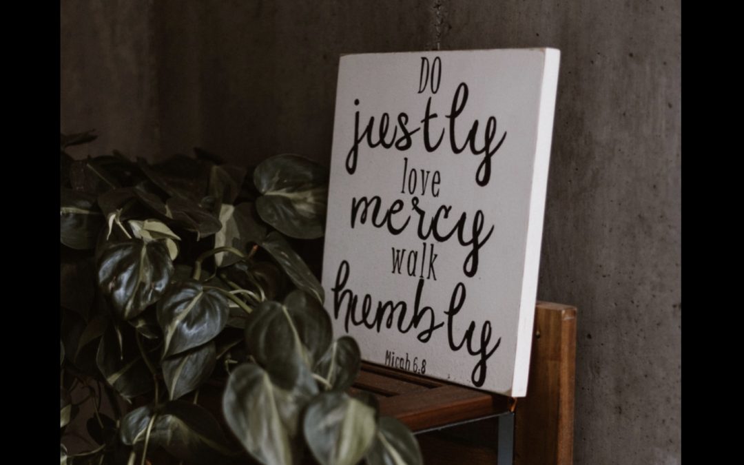 A canvas with the words "Do justly, love mercy, walk humbly" written on it in cursive writing on a table beside a plant with dark green leaves