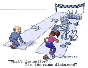 Cartoon showing a White man in a suit racing against a Black woman to the finish line but there are tons of obstacles in the way of the Black woman