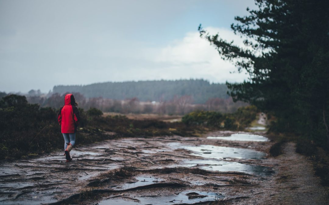 Person in a red raincoat walking on a grey day on a muddy dirt road